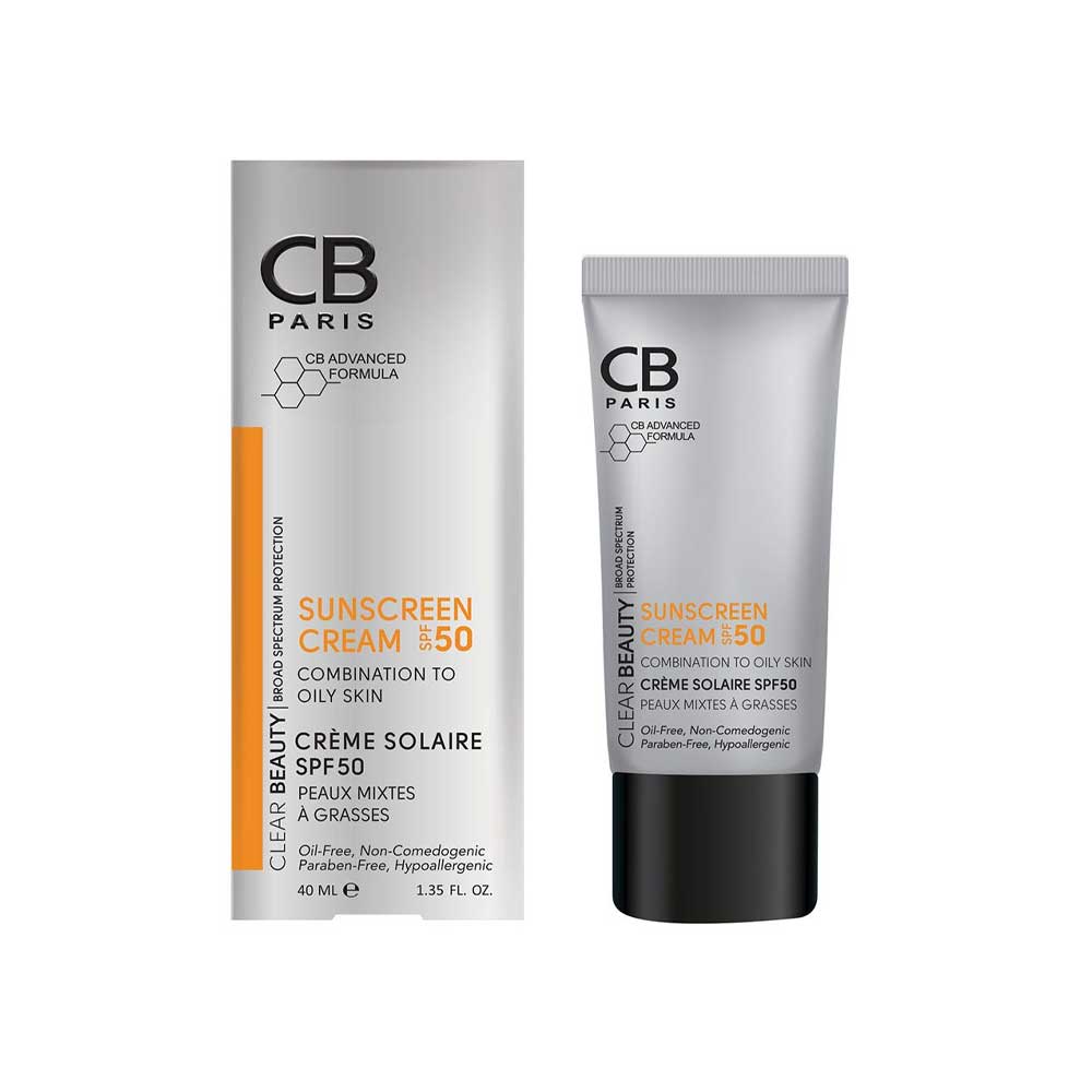 کرم ضد آفتاب بی رنگ SPF50  پوست چرب سی بی CB PARIS SUNSCREEN CREAM SPF50 COMBINATION TO OILY SKIN