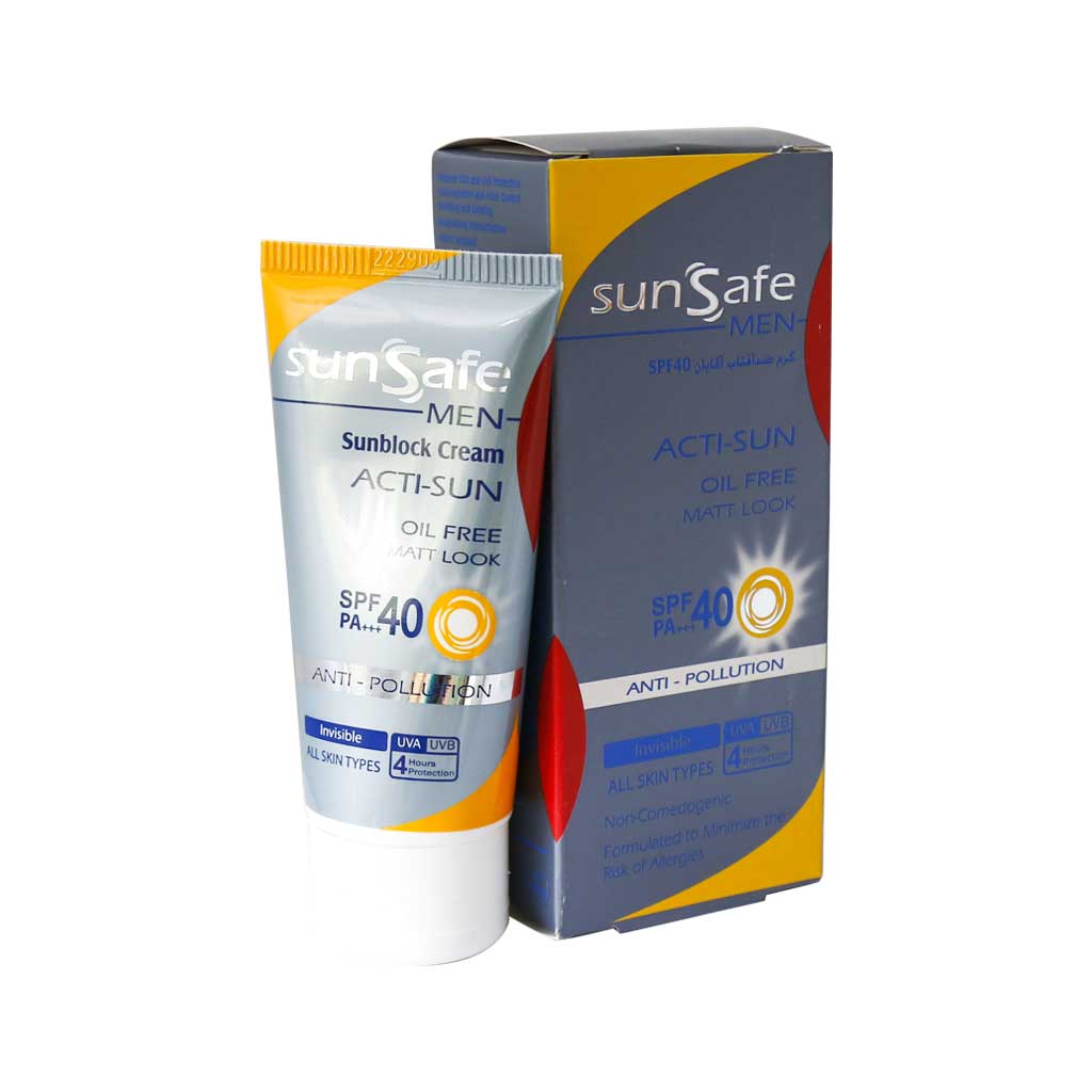 کرم ضد آفتاب فاقد چربی spf40 آقایان مناسب برای انواع پوست سان سیف SUNSAFE ACTI SUN SPF40 OIL FREE FOR MEN